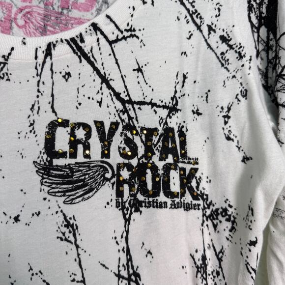 Christian Audigier Crystal Rock Top Womens Large Crane Blossom Y2K Tunic Shirt T - Picture 7 of 13